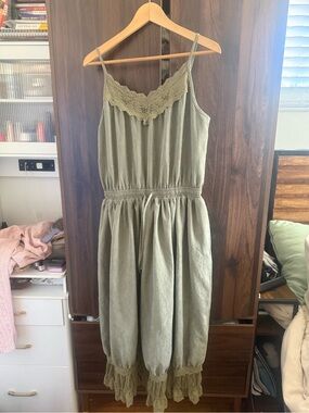Cider Olive Green Lace-Trim Jumpsuit
